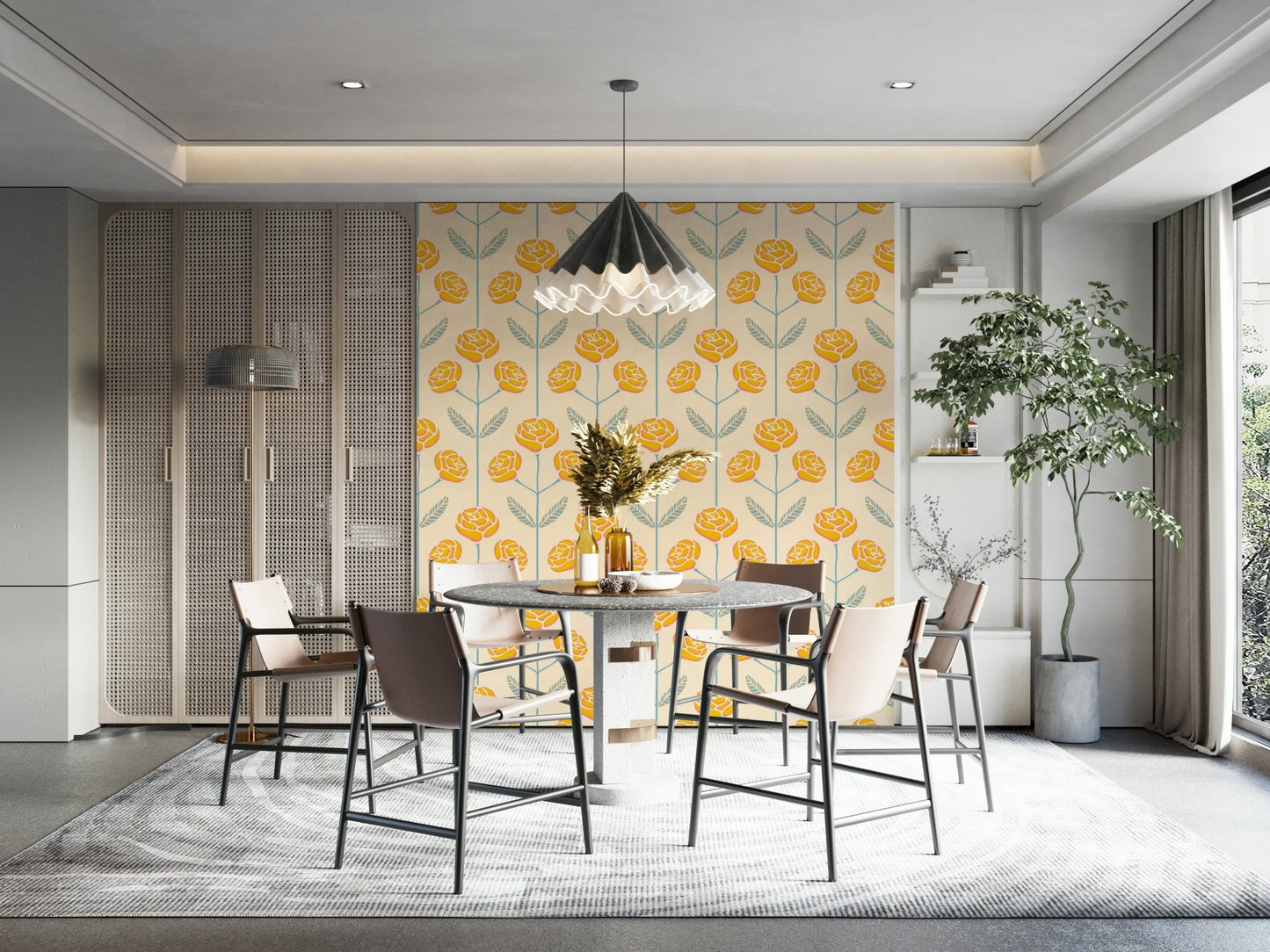 Lola Rose Retro Scandi Mid Century Floral Cottage Yellow Blue Gray Leaves Wallpaper.

