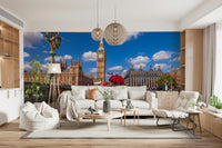 European travel theme Red Blooms in London wall design.