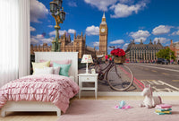 Unique London skyline, sunny day, Red Blooms in London mural.