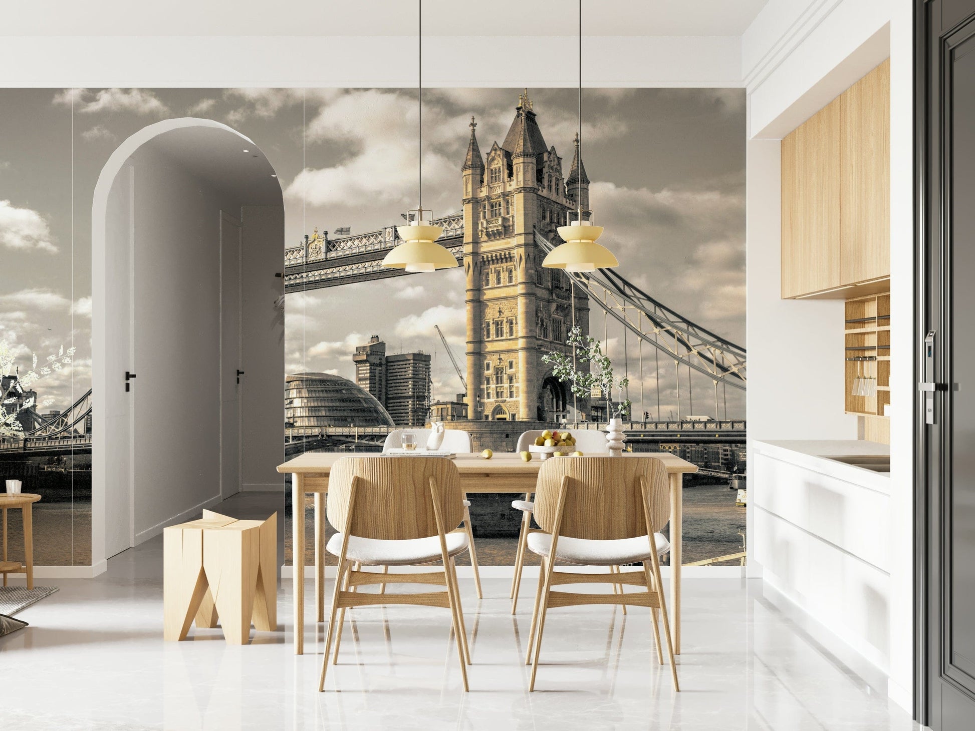 World famous London Bridge peel and stick wallpaper dramatic lighting.