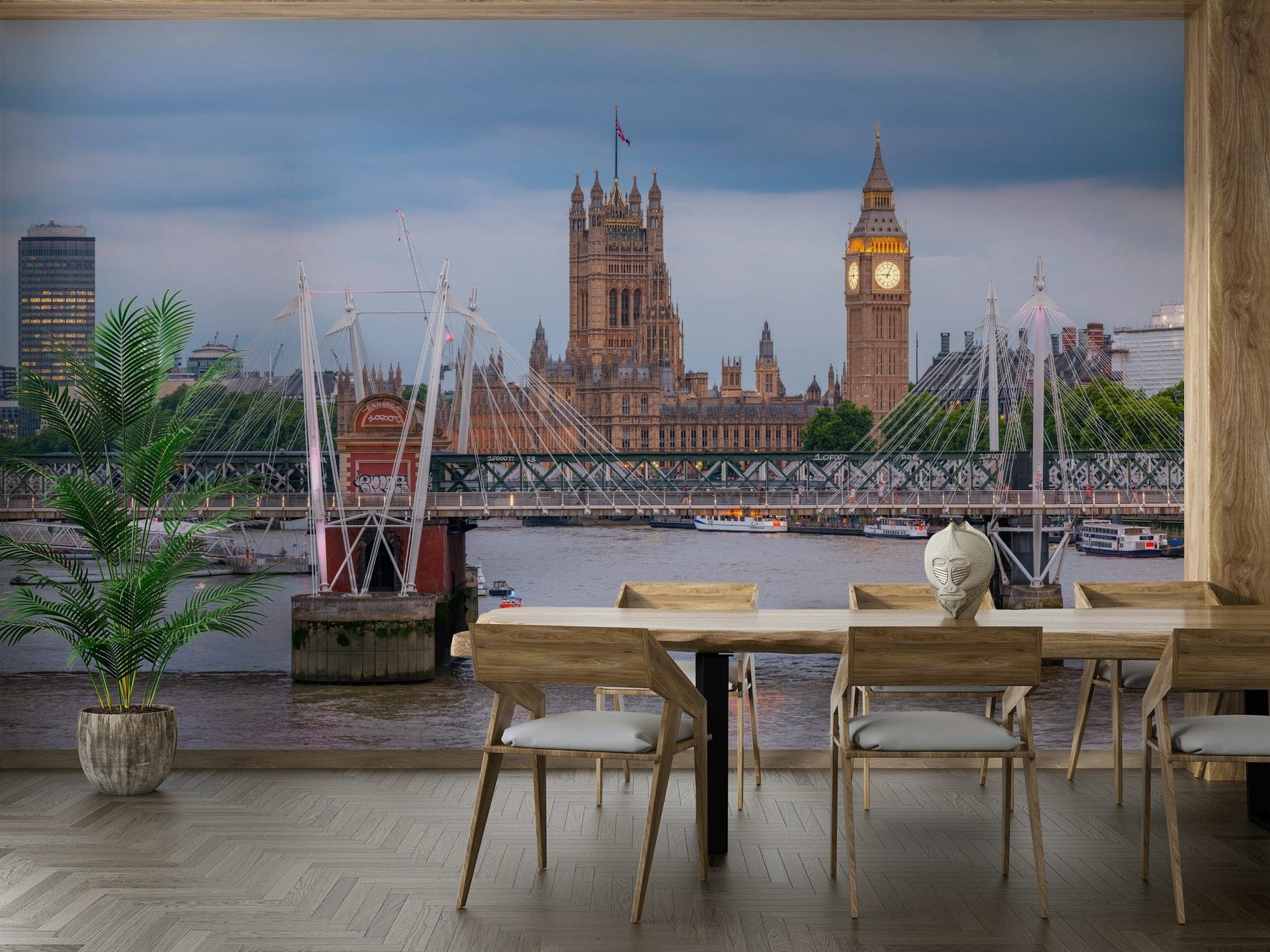 A minimalist home office with the scenic London wallpaper.

