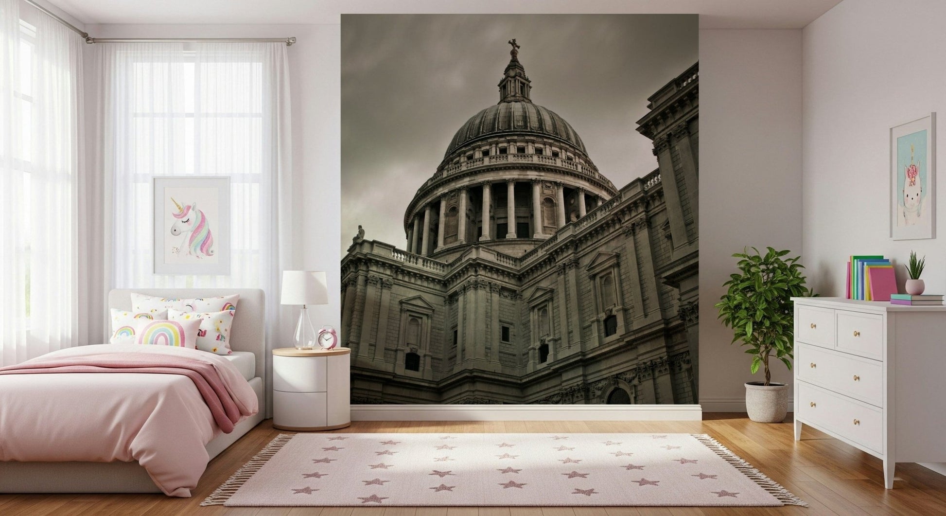 London Grandeur wallpaper mural of St Paul's behind a pink bed with rainbow pillows in a girls bedroom