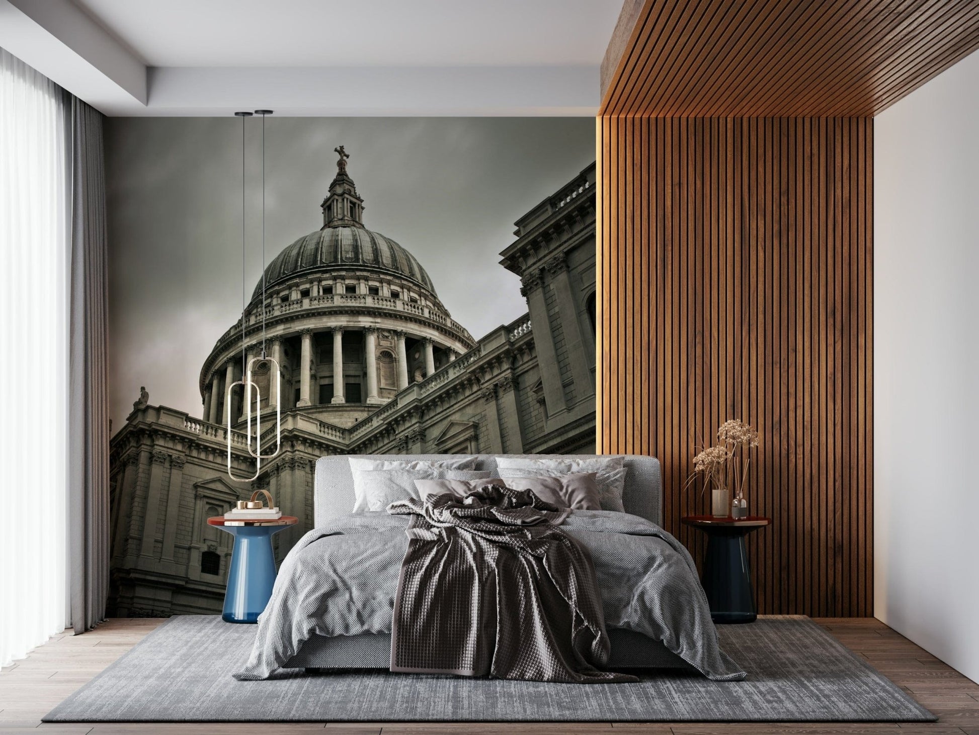 London Grandeur wallpaper mural of St Paul's dome behind a grey bed and wood slat wall in a modern bedroom