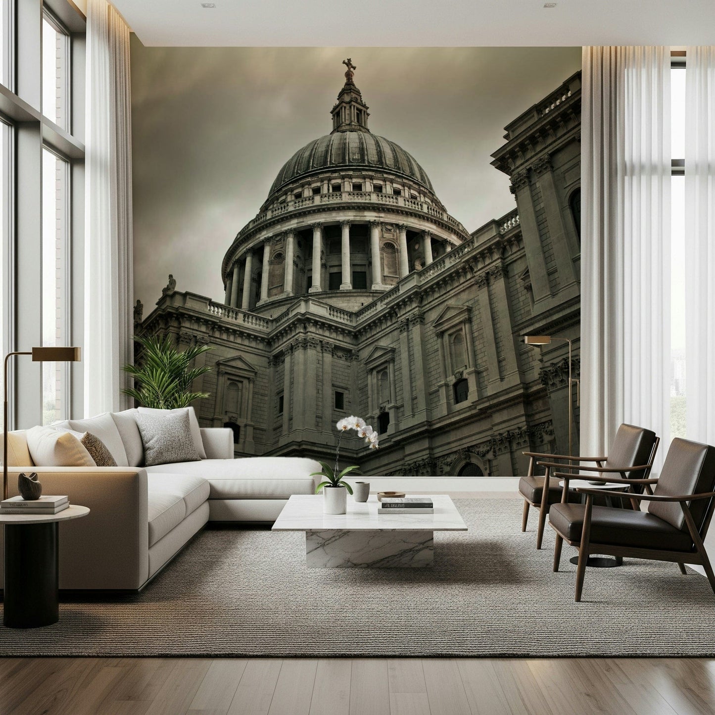 London Grandeur wallpaper mural of the cathedral dome behind a white sectional sofa and leather chairs in a living room