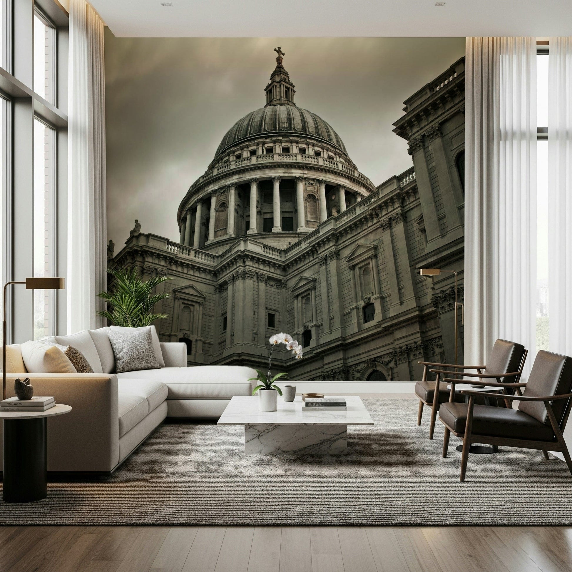 London Grandeur wallpaper mural of the cathedral dome behind a white sectional sofa and leather chairs in a living room