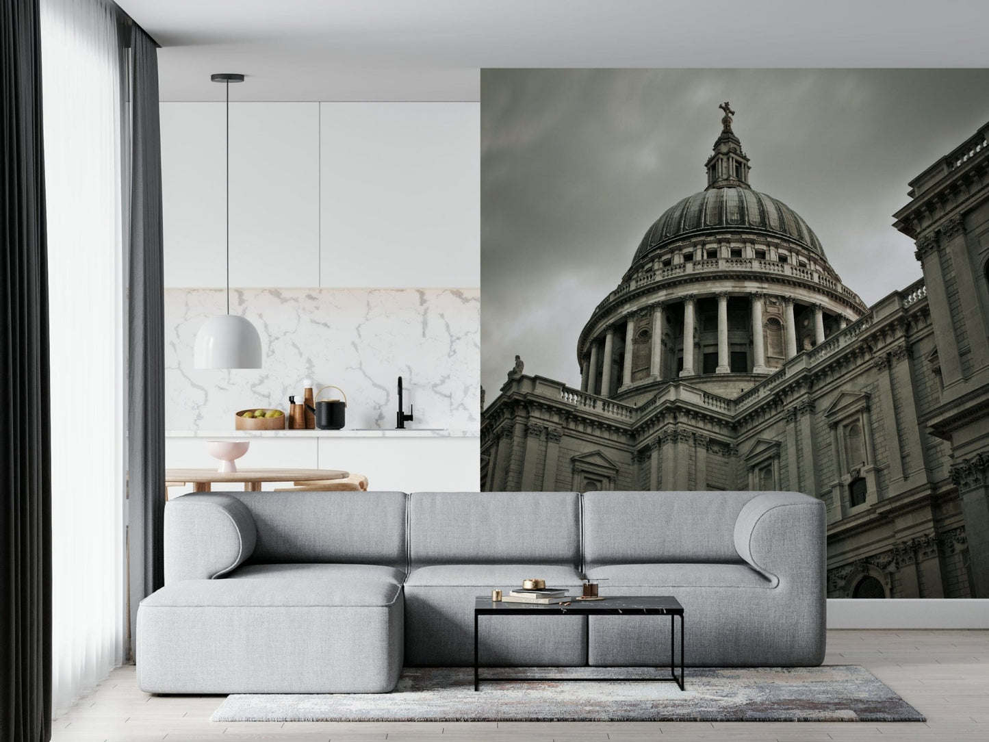 London Grandeur wallpaper mural of St Paul's Cathedral above a light grey modular sofa in an open living kitchen
