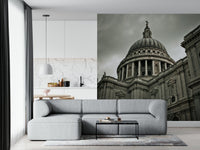 London Grandeur wallpaper mural of St Paul's Cathedral above a light grey modular sofa in an open living kitchen