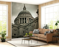 London Grandeur wallpaper mural of St Paul's in sepia tones behind a tan leather sofa and plants in a living room