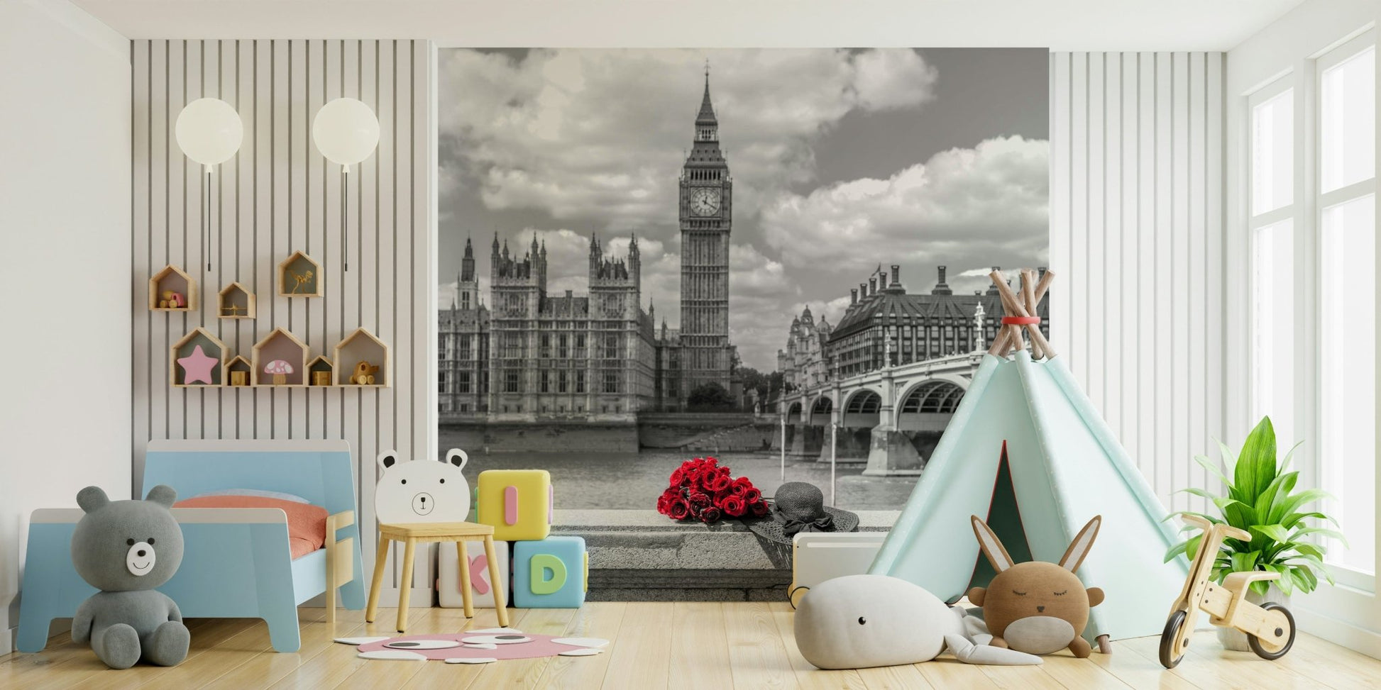London in Bloom wall mural showing Parliament bright red roses