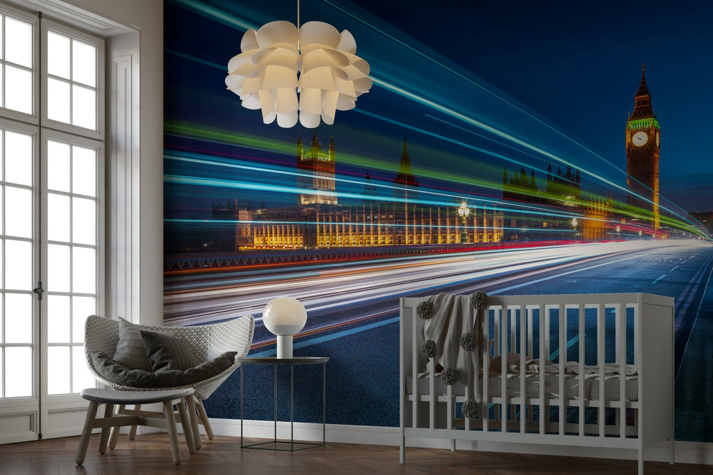 A close-up view shows the blurred light of cars and buses.

