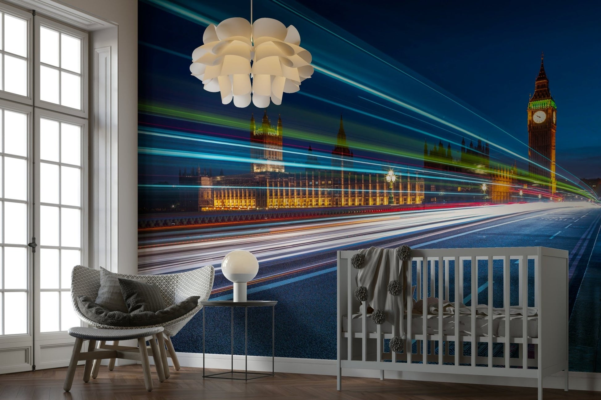 A close-up view shows the blurred light of cars and buses.

