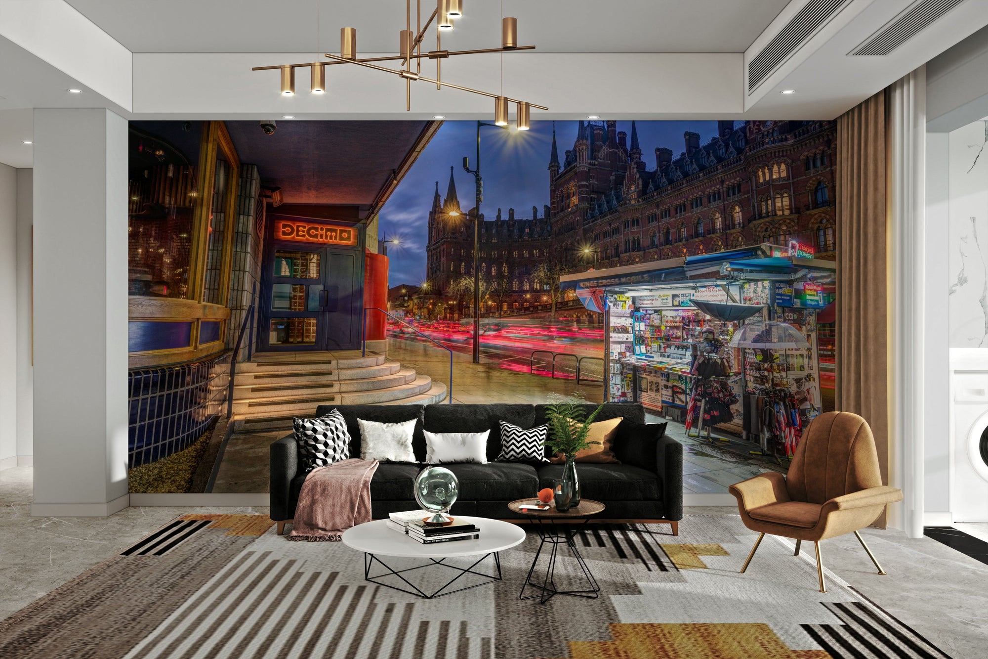 A high-angle view of the wall mural in a large space.