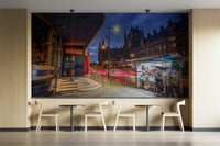 A minimalist interior with the London-themed wallpaper.