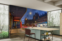 The wallpaper is used as a feature wall in a bedroom.