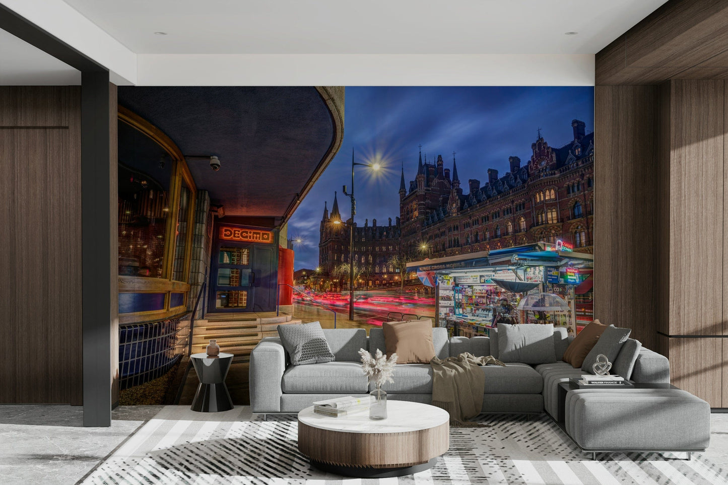 A living room featuring the London nightscape wall mural.