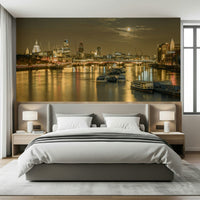 Night cityscape wall mural with glowing bridge