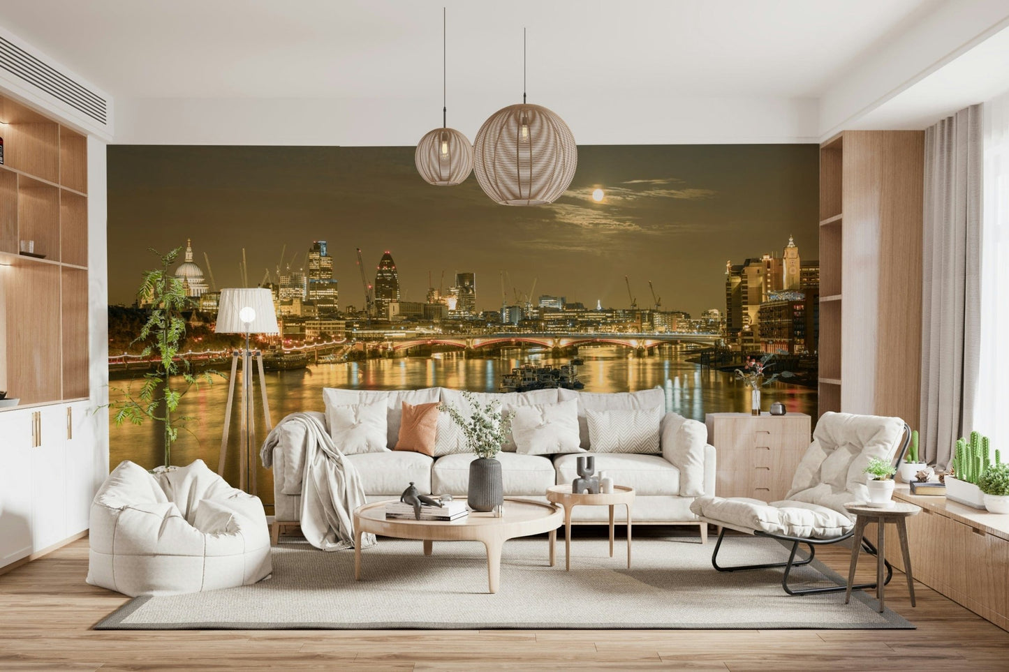 Urban skyline wall mural under full moon