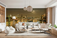 Urban skyline wall mural under full moon