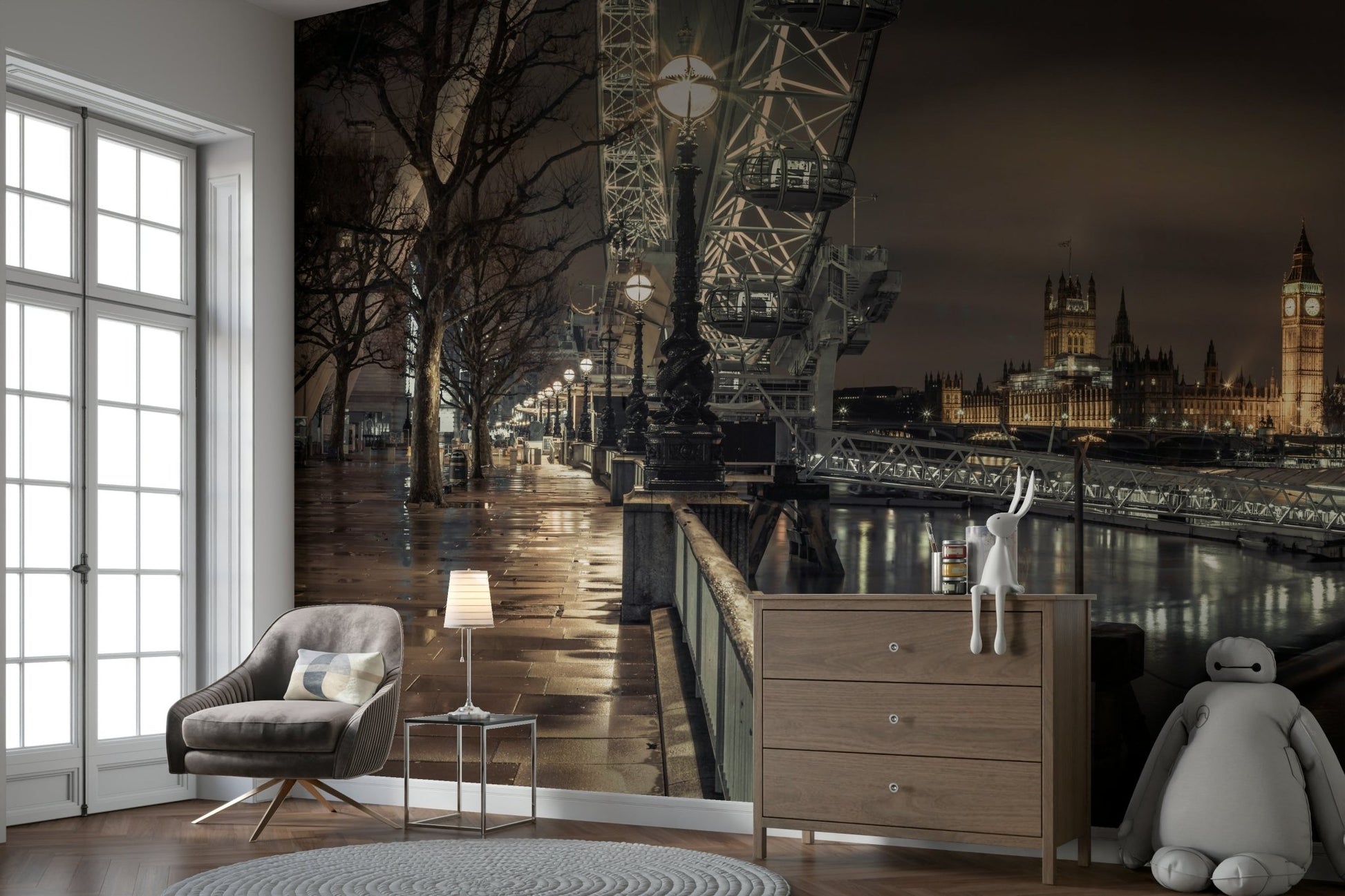 Close-up of canvas texture on London Thames serenity wall mural.

