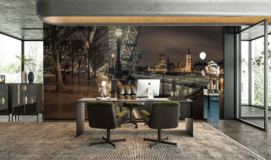 Night view of London Eye on premium peel and stick wallpaper for wall in a modern office.

