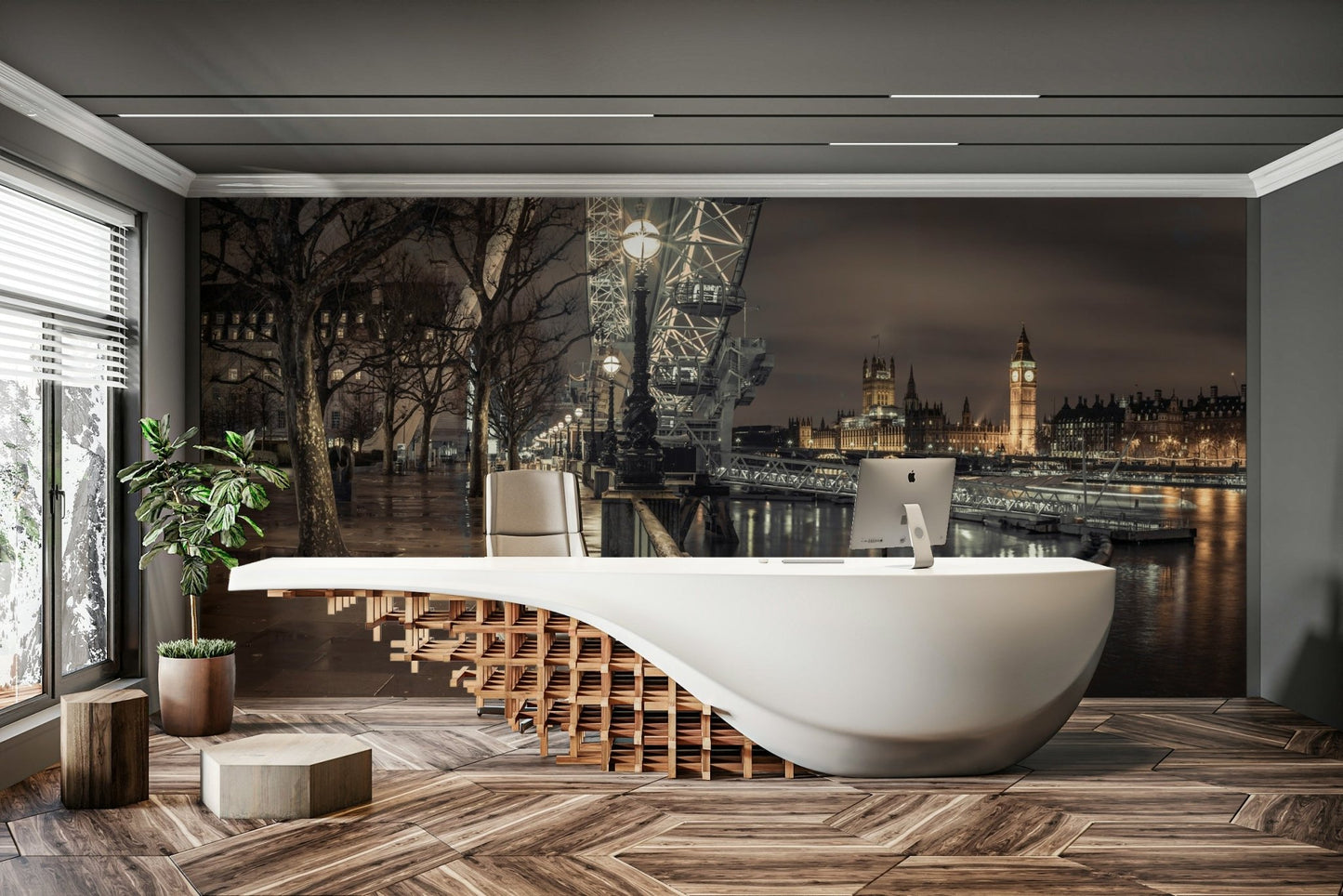 Large scale London nightscape on self adhesive wallpaper for wall in office.

