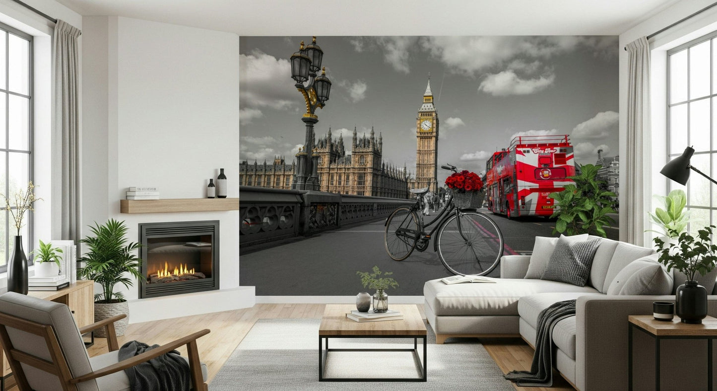 London Ride wallpaper mural in a living room with a fireplace, grey sectional sofa and wood table
