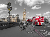 London Ride wallpaper mural shown full-wall with Big Ben, a red rose bike and double-decker bus