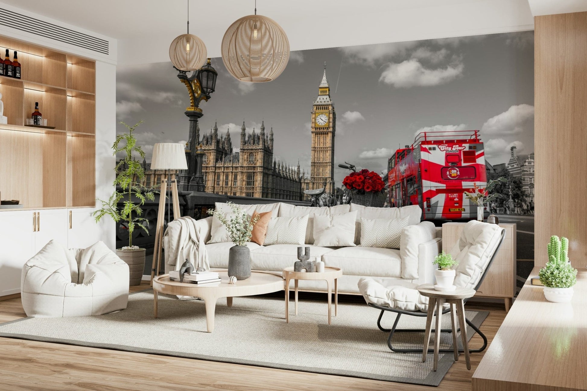 London Ride wallpaper mural in a living room with a white sofa, bean bag and woven pendant lamps