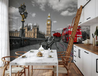 London Ride wallpaper mural in a kitchen diner with a marble table, wishbone chairs and wood worktop