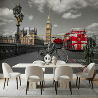 London Ride wallpaper mural in a dining room with a white table and cream upholstered chairs