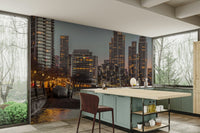 Features a panoramic view of the London skyline at twilight or dusk.
