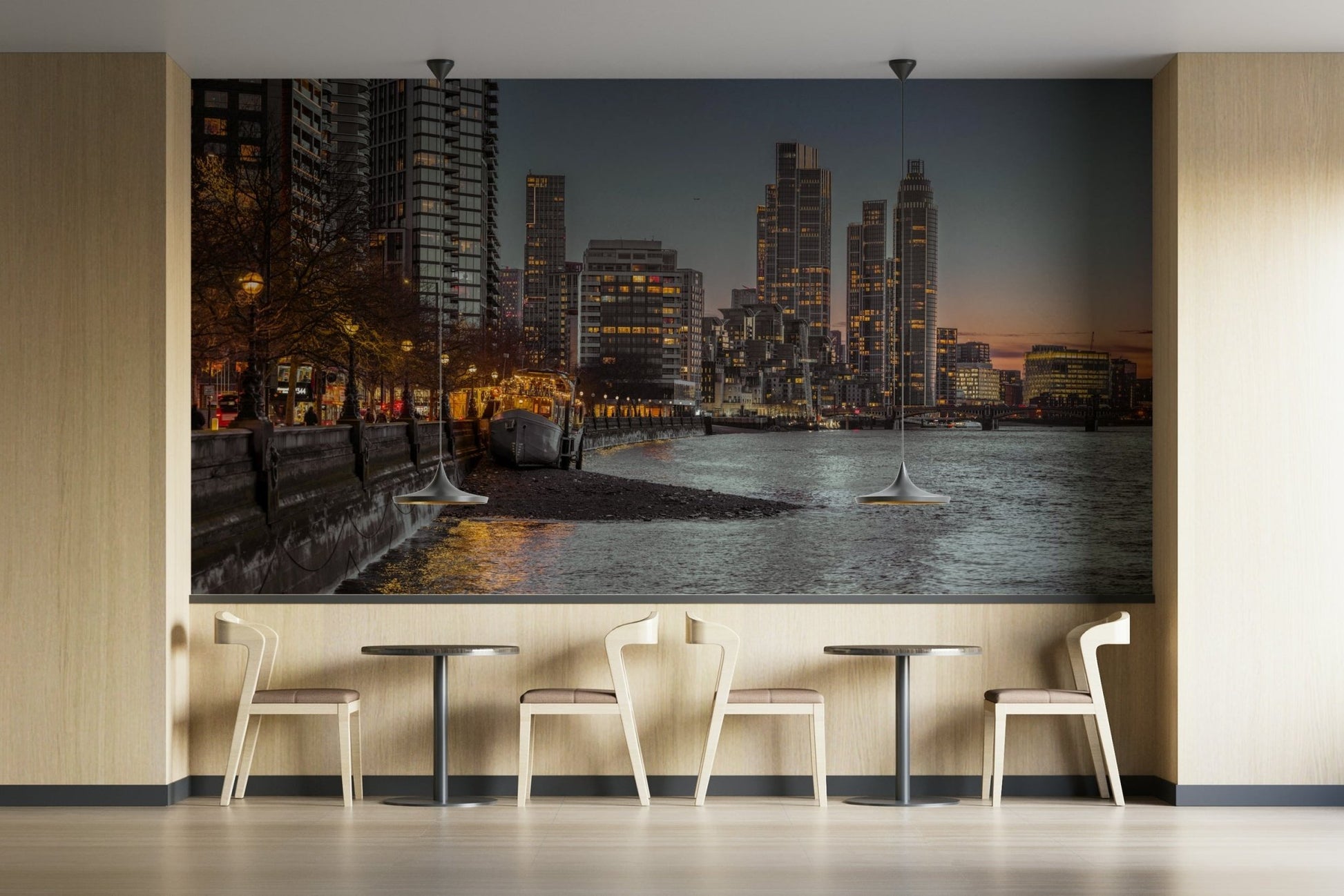 City lights begin to twinkle, adding to the atmospheric effect.
