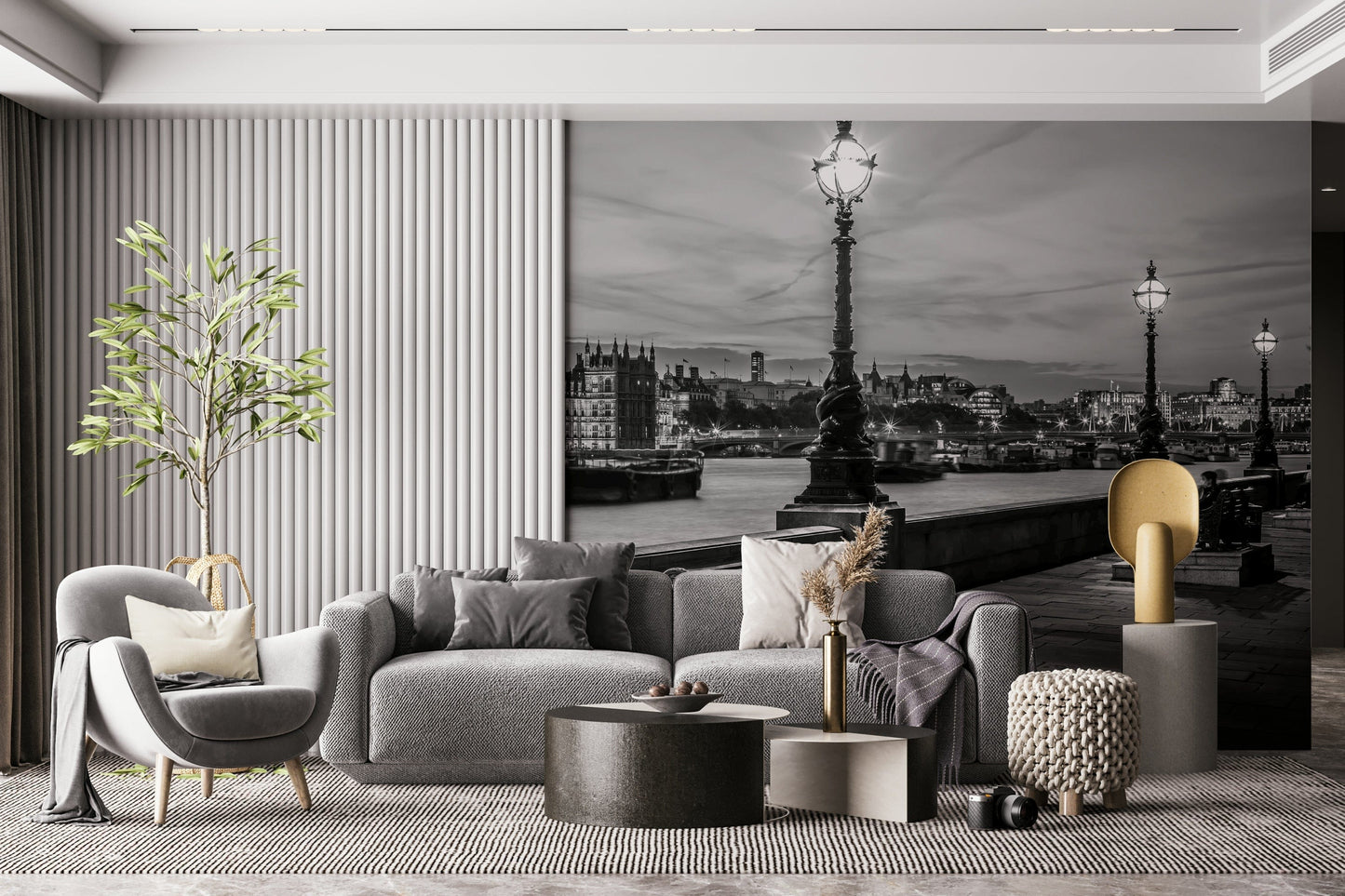 Thames Twilight design, quintessential British scene, illuminated antique lamp posts prominent.