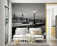 Thames Twilight wallcovering, monochromatic architecture, serene water, glowing light fixtures.