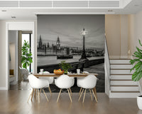 A London Icon wall mural, Big Ben clock tower illuminated across River Thames at dusk.