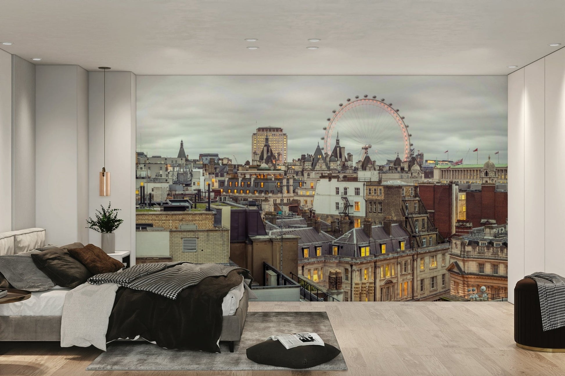 The mural is installed in a modern, quiet living room.

