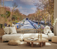 Icy Thames riverscape wall mural behind sofa in a modern apartment lounge