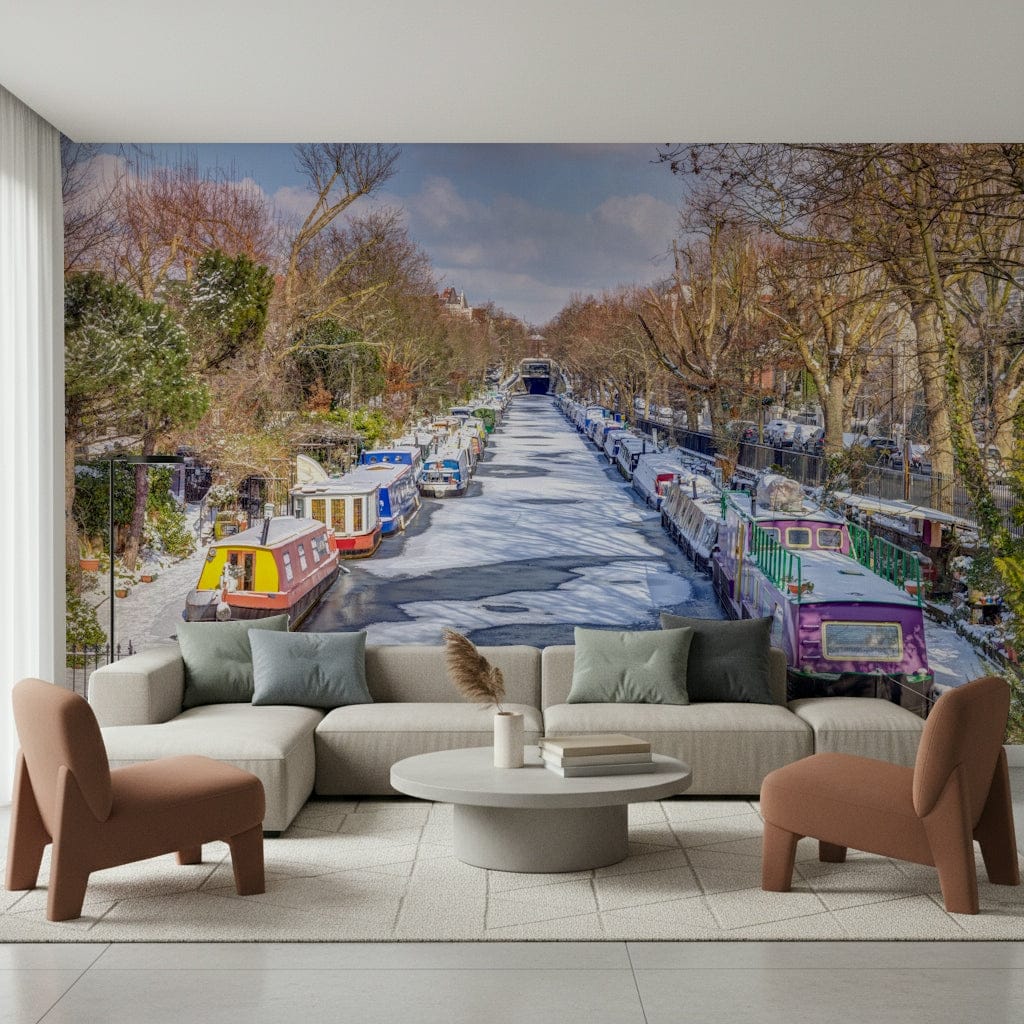 Frosted bridge and canal wall mural in home office, modern decor style