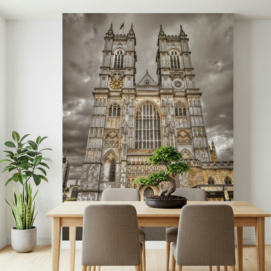 London's Legacy wallpaper mural of Westminster Abbey behind a wood dining table with grey chairs