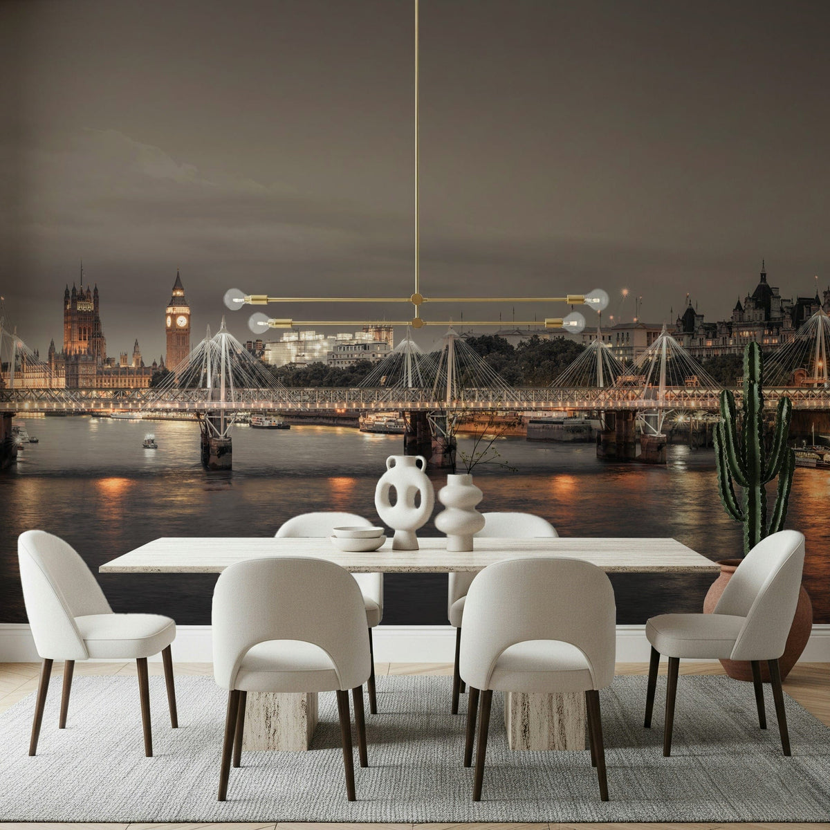 London's Nightfall wallpaper mural of Big Ben and the Thames behind cream chairs and a white dining table