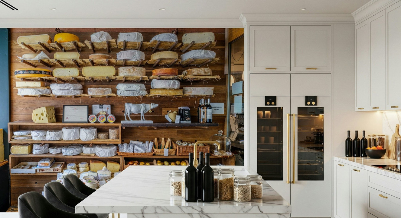 Cozy kitchen wall mural of London cheese shop shelves, warm color tones, feature wall