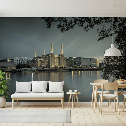 London's Powerhouse wallpaper mural of Battersea Power Station behind a white daybed and pale wood dining set