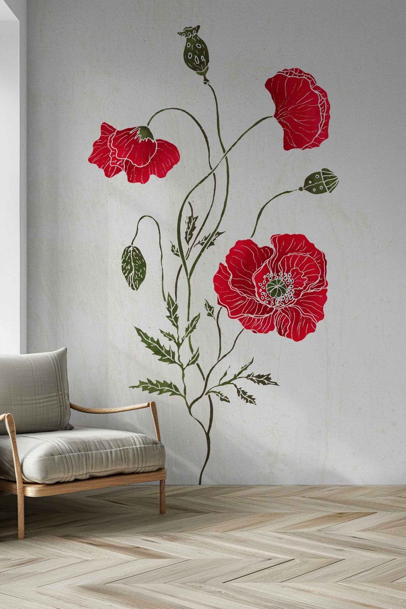 Stunning Lonely Red Poppy wall mural, vibrant red flowers, green stems.