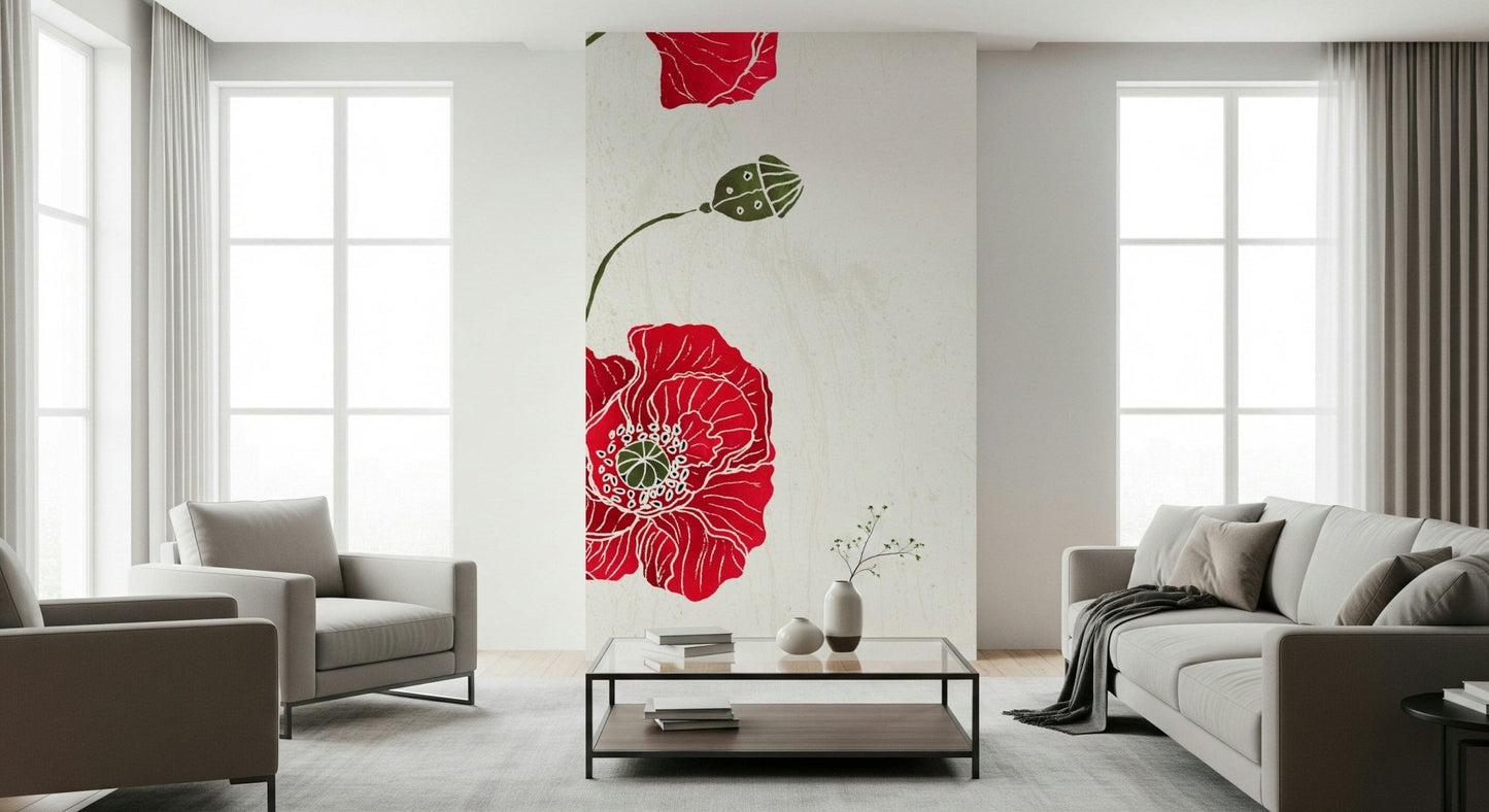 Lonely Red Poppy floral wallpaper for walls, elegant botanical design.