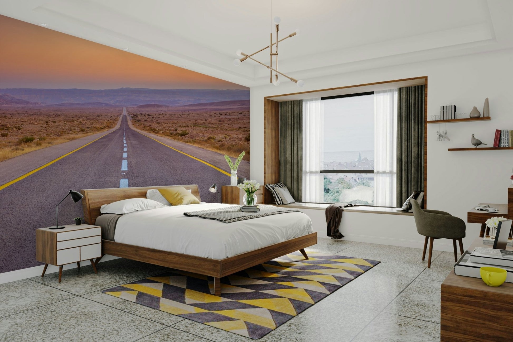Scenic view of a long highway leading into the horizon captured in this mural.

