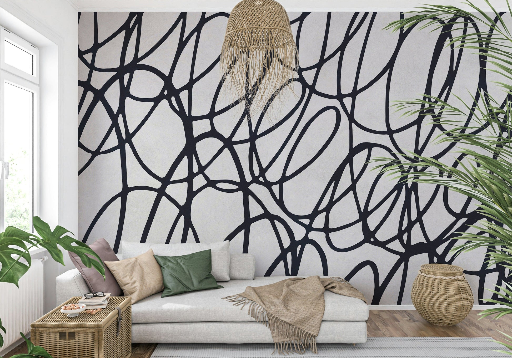 Loop Lines monochromatic mural. Curvy graphic texture enhancing walls. Sophisticated wall pattern.