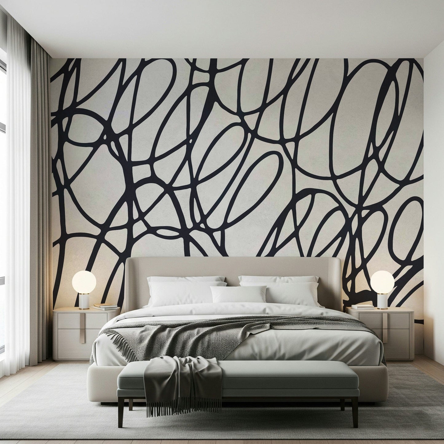Loop Lines energetic wall mural. Scribbled contour lines. Cool statement wall finish. Perfect décor.