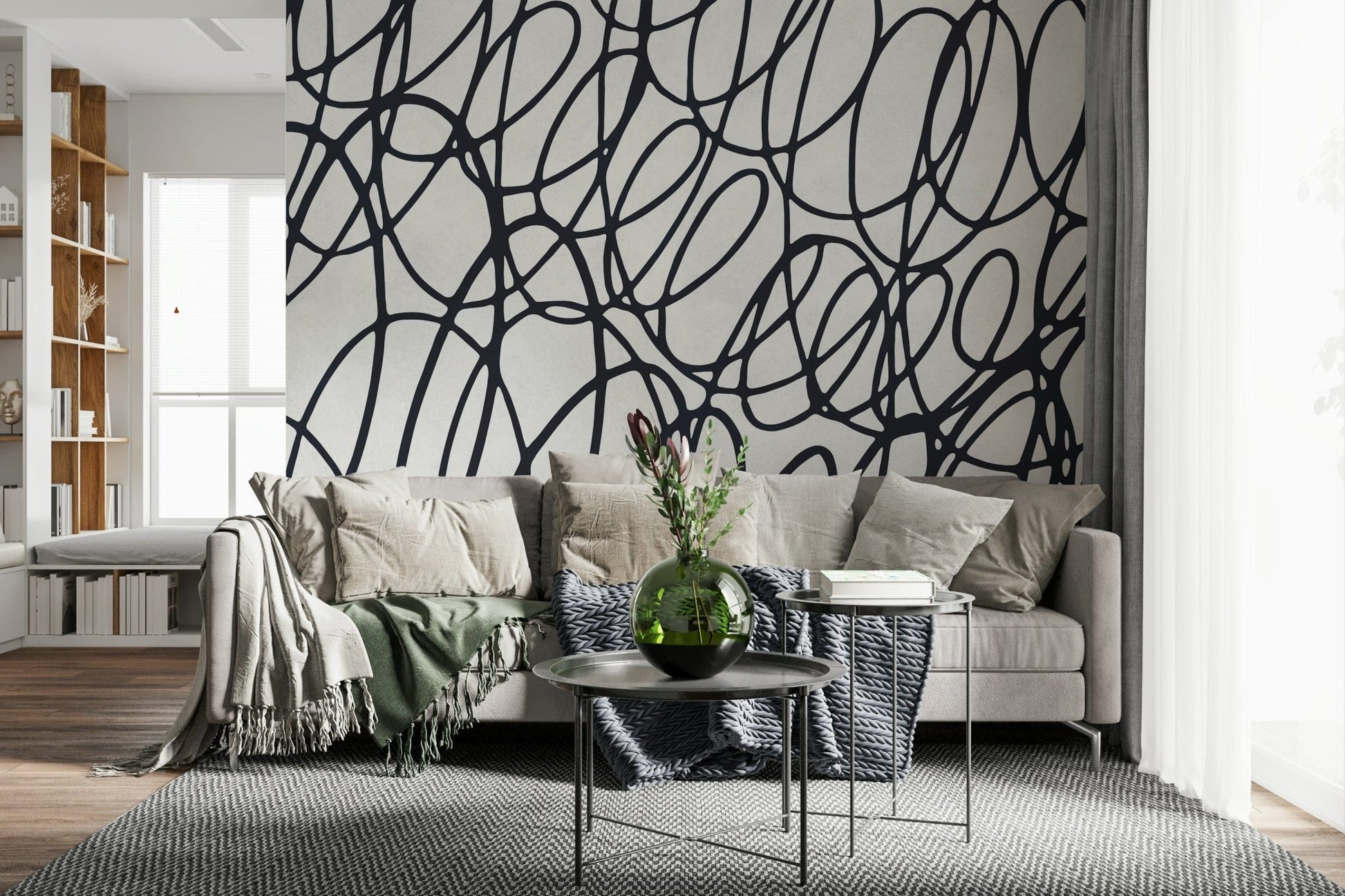 Loop Lines bold black white wall mural. Repetitive oval shapes. 