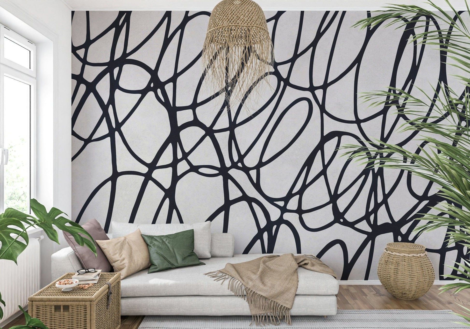 Loop Lines monochromatic mural. Curvy graphic texture enhancing walls. Sophisticated wall pattern.