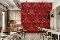 The color palette includes various shades of blue (navy, indigo), white, and dark red.
